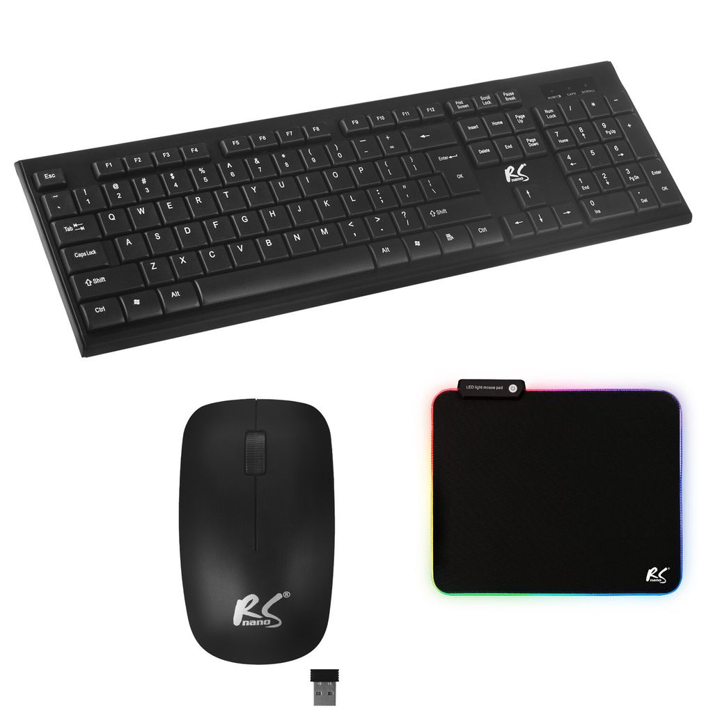A black wireless keyboard, mouse, and mousepad are displayed on a white background.