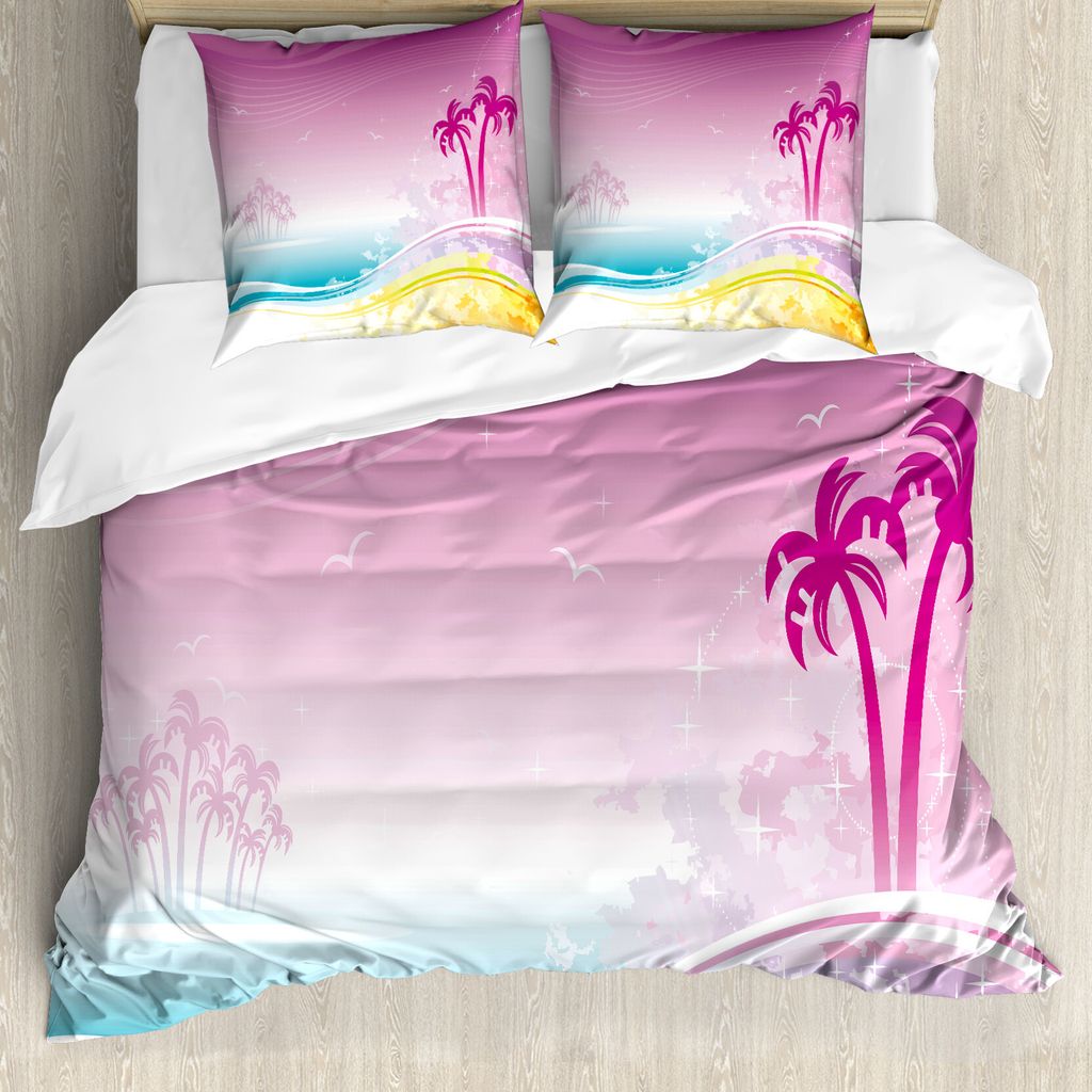 ABAKUHAUS Luau Bettbezug, Fantasy Beach Insel-Küste, Milbensicher Allergiker geeignet mit Kissenbezügen, 200 cm x 200 cm - 80 x 80 cm, Mehrfarbig