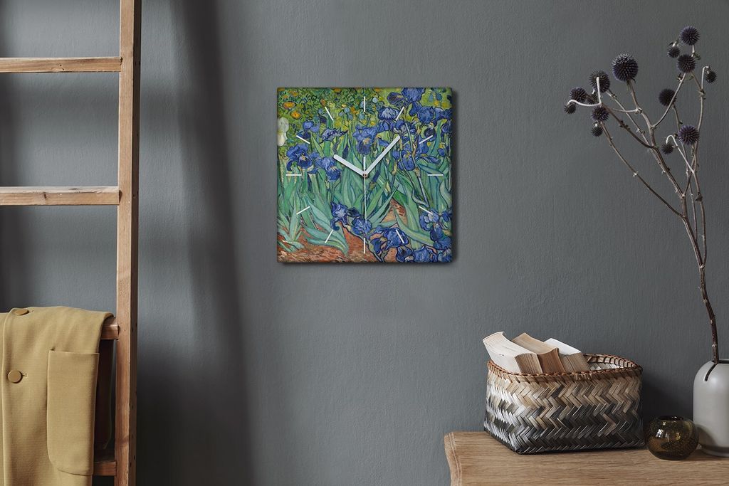 Coloray Hodiny Unikátní 30x30 cm Tiché hodiny Pro obývací pokoj a kuchyň Nástěnné hodiny Plátno Bílé ručičky hodin - Van Gogh Iris