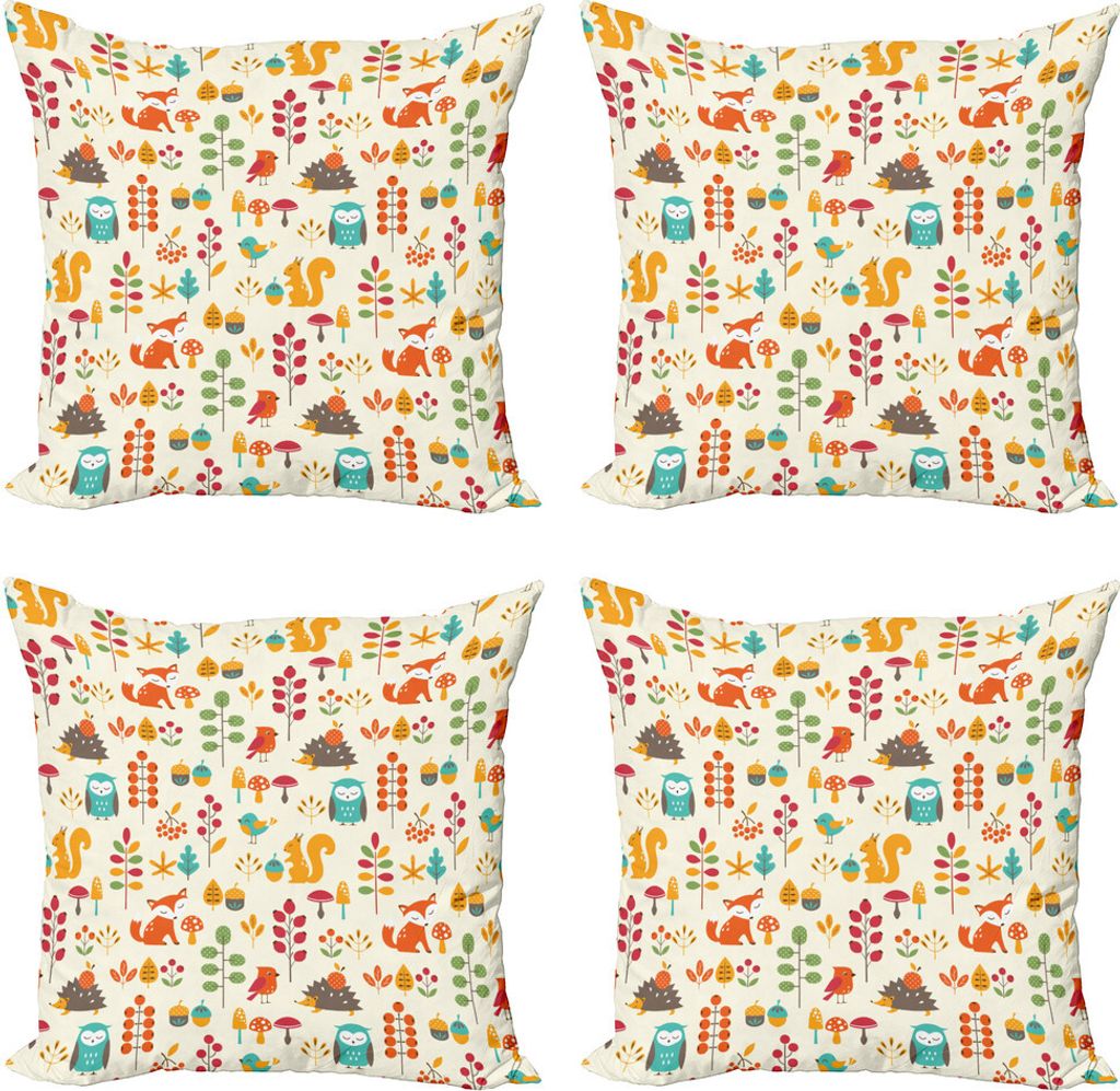 ABAKUHAUS Kinder Kissenbezug Set (4 Stück), Owl Fox-Eichhörnchen Vögel, Moderner Doppelseitiger Digitaldruck, 60 cm x 60 cm, Mehrfarbig