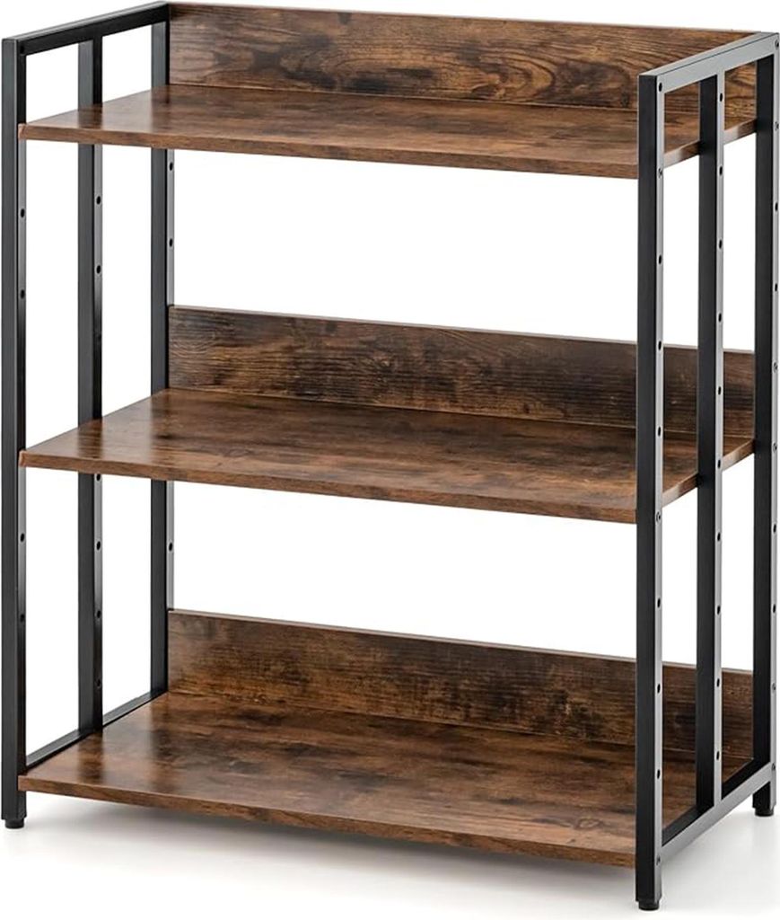 A three-tier shelf unit with a metal frame and wooden shelves.