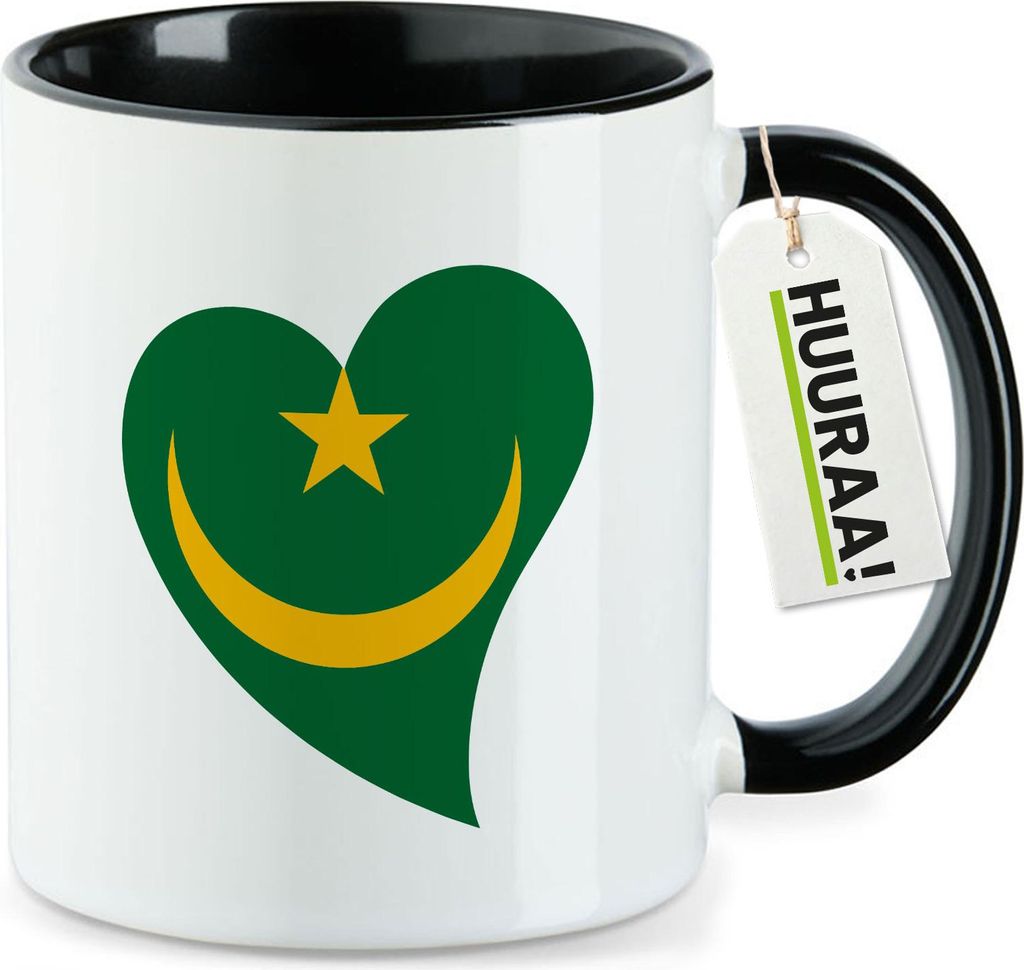 Huuraa Kaffeetasse Mauretanien Flagge Herz 330ml Schwarz Keramik Kaffeebecher Geschenkidee