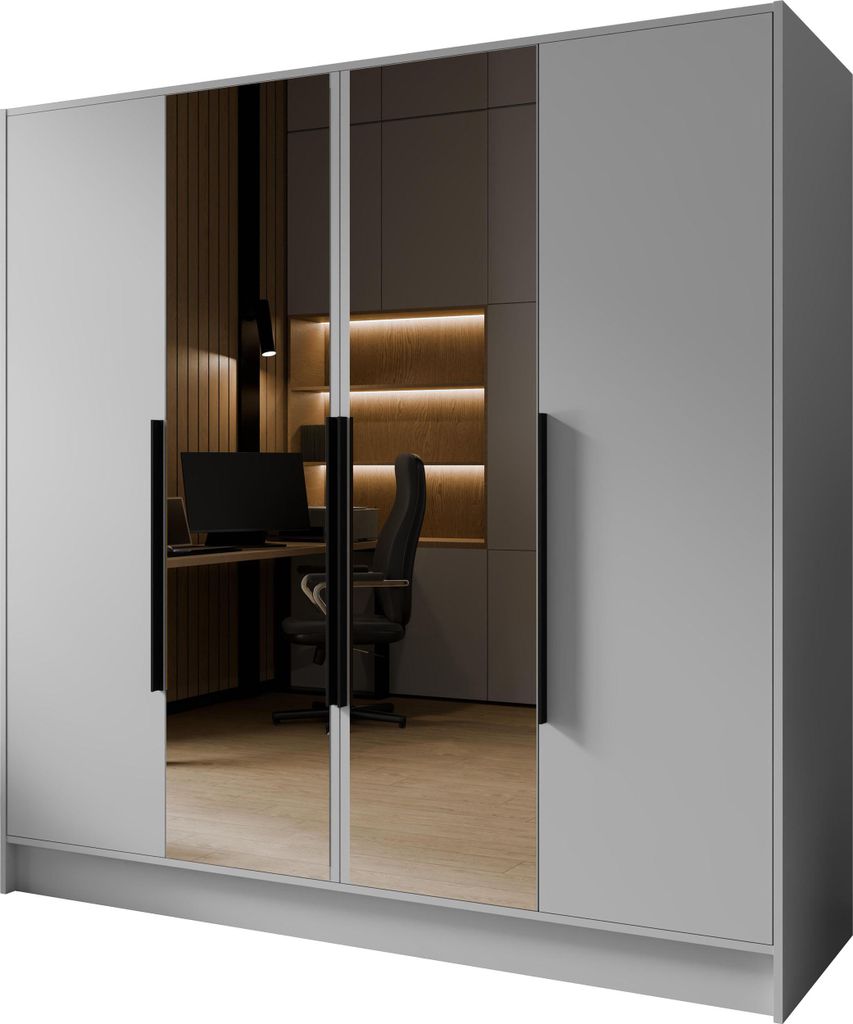 Kleiderschrank mit Spiegel, Drehtüren mit Schwarze Metallgriffe – 200 cm Breit Garderobenschrank mit viel Stauraum für Ankleide – Spiegelklei...