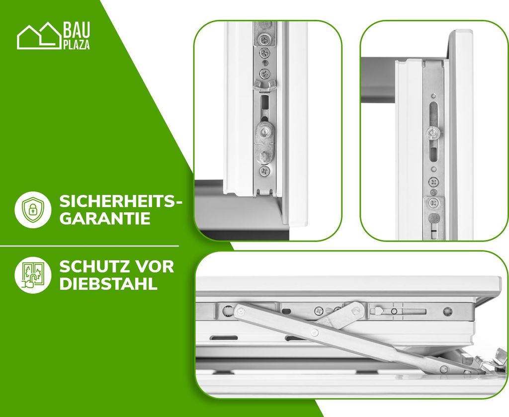 A collage of close-up images showing the locking mechanism and hinges of a window, with marketing text and a logo on a green background.