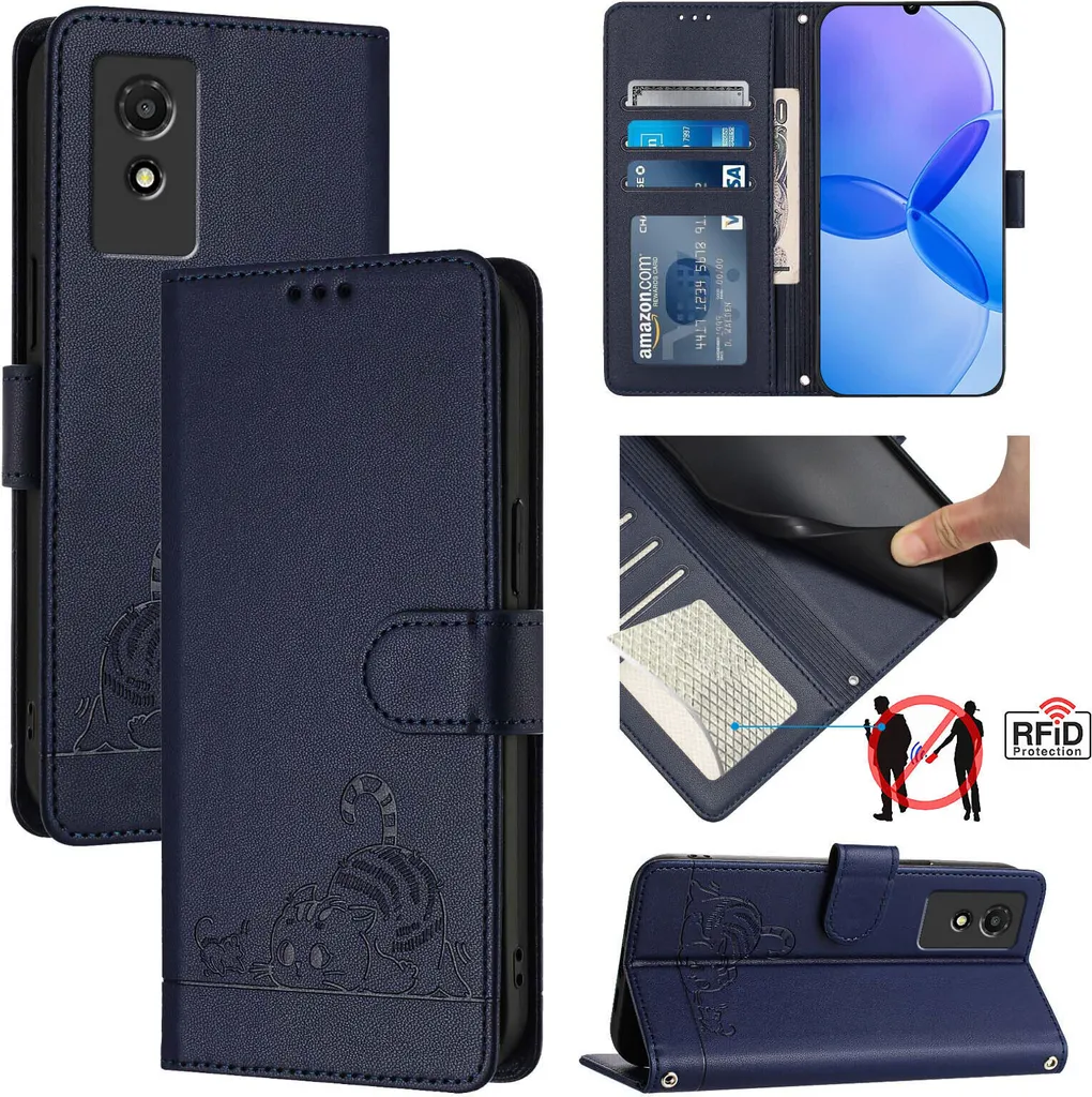 Custodia Protettiva TCL 501 - Flip Case Antiurto Blu con Stand Gatto