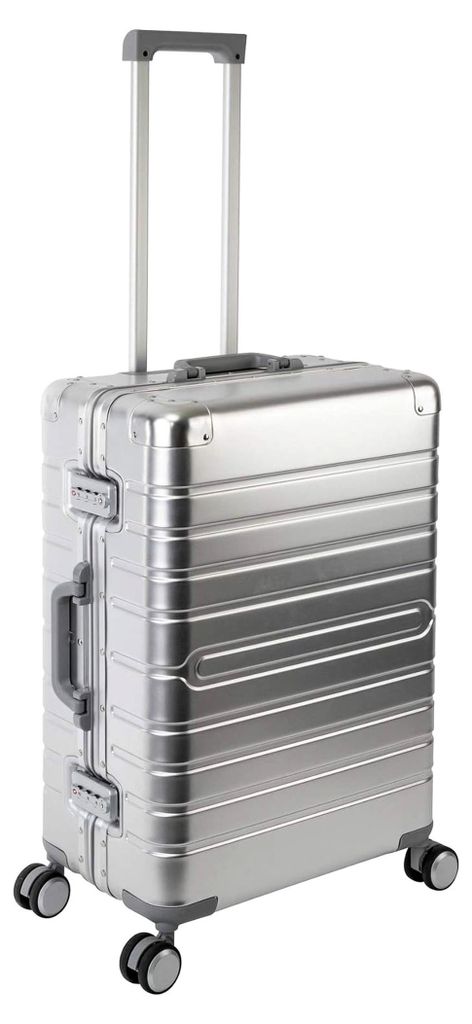 Oslo Aluminium Reisekoffer Silber M-65cm Hartschalenkoffer Koffer 2X TSA Zahlenschloss 4 Doppelräder 360° Rollen Markenqualität Vol. 72L