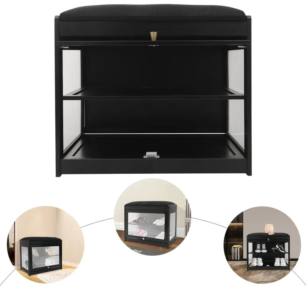 Banc à chaussures noir 2 étages avec coussin confortable - Dim 80cm - 9
