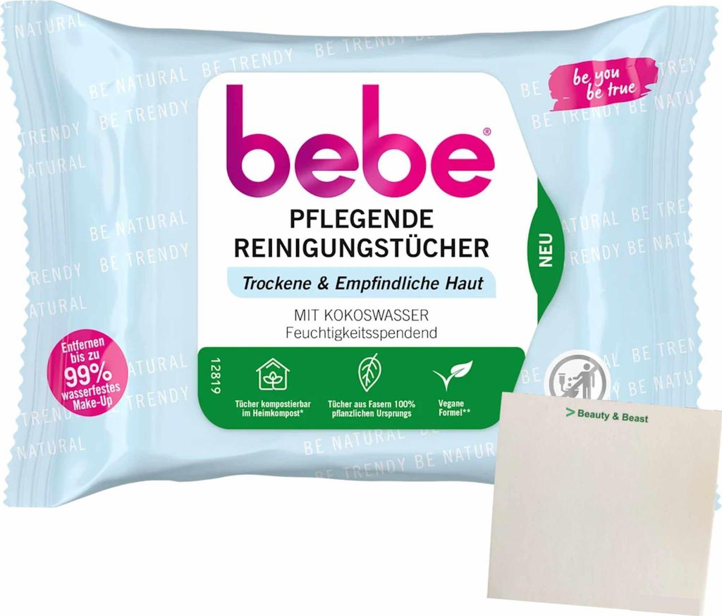 bebe Pflegende Reinigungstücher Trockene & Empfindliche Haut (1x 25Stk Packung) + usy Block
