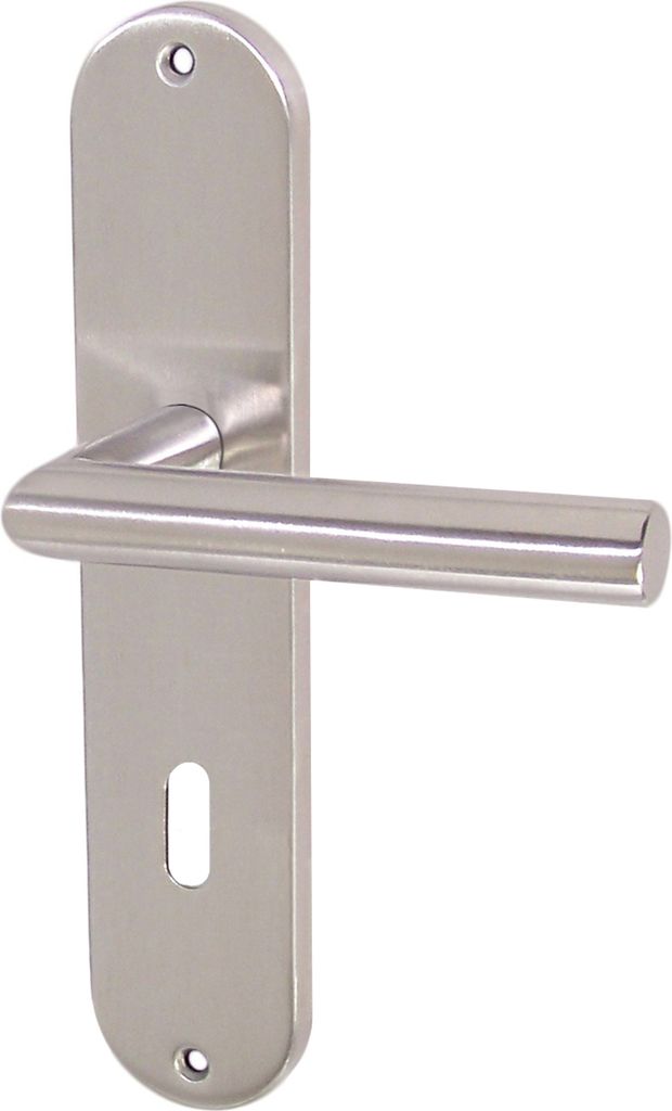 A stainless steel door handle with a long escutcheon plate, shown against a white background.