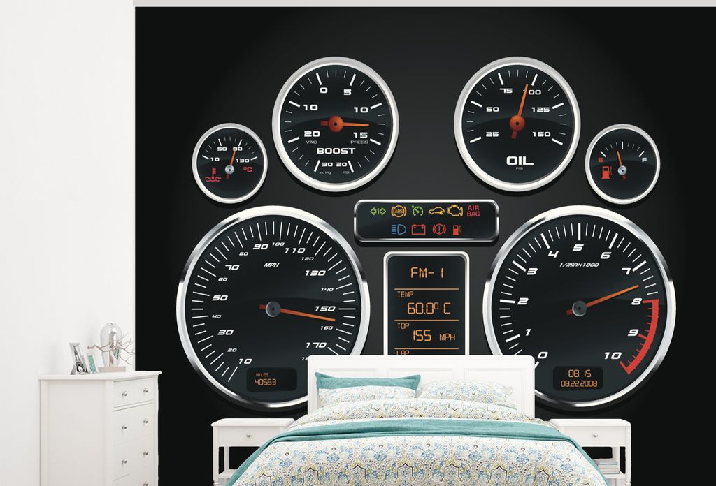 MuchoWow Fototapete für Wohnzimmer oder Schlafzimmer Wandtapete Vinyl Motivtapete Illustration des Tachometers im Armaturenbrett eines Sportwage...
