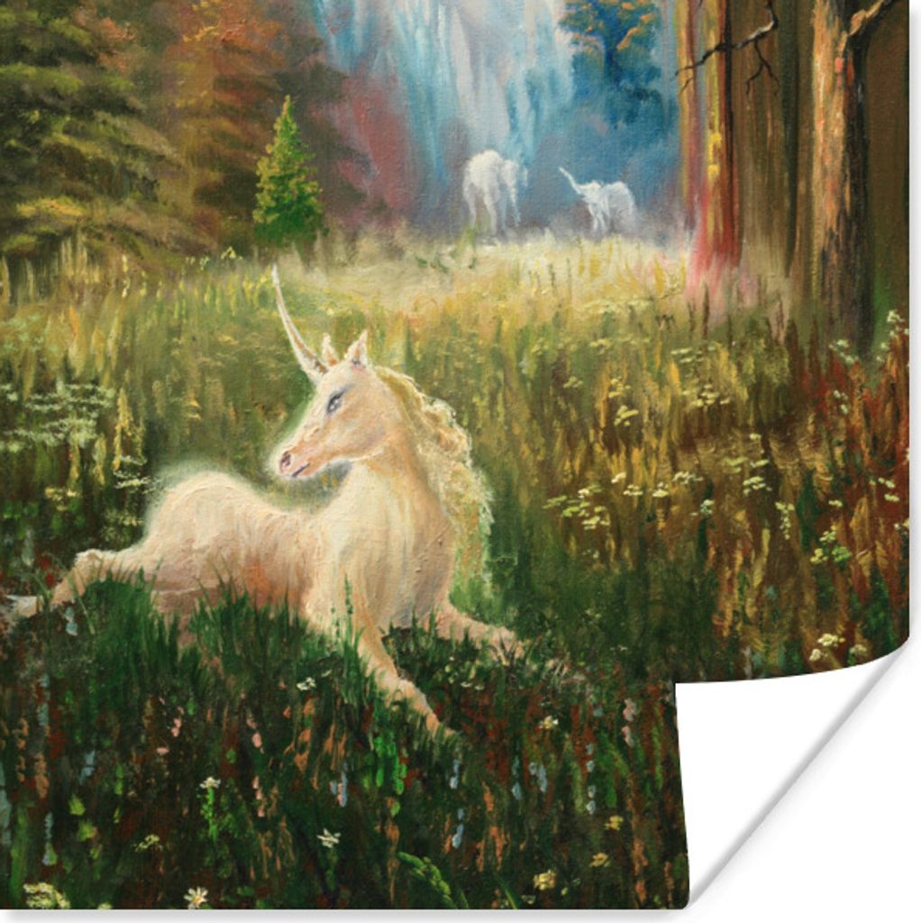 MuchoWow Poster Eine Illustration eines Einhorns in einem Wald - Mädchen - Kinder - Kinder 50x50 cm - Wohnzimmerdekoration