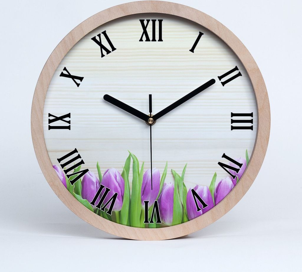 Holzuhr 25fi cm wanduhr - schwarze Spitzen - lila Tulpen