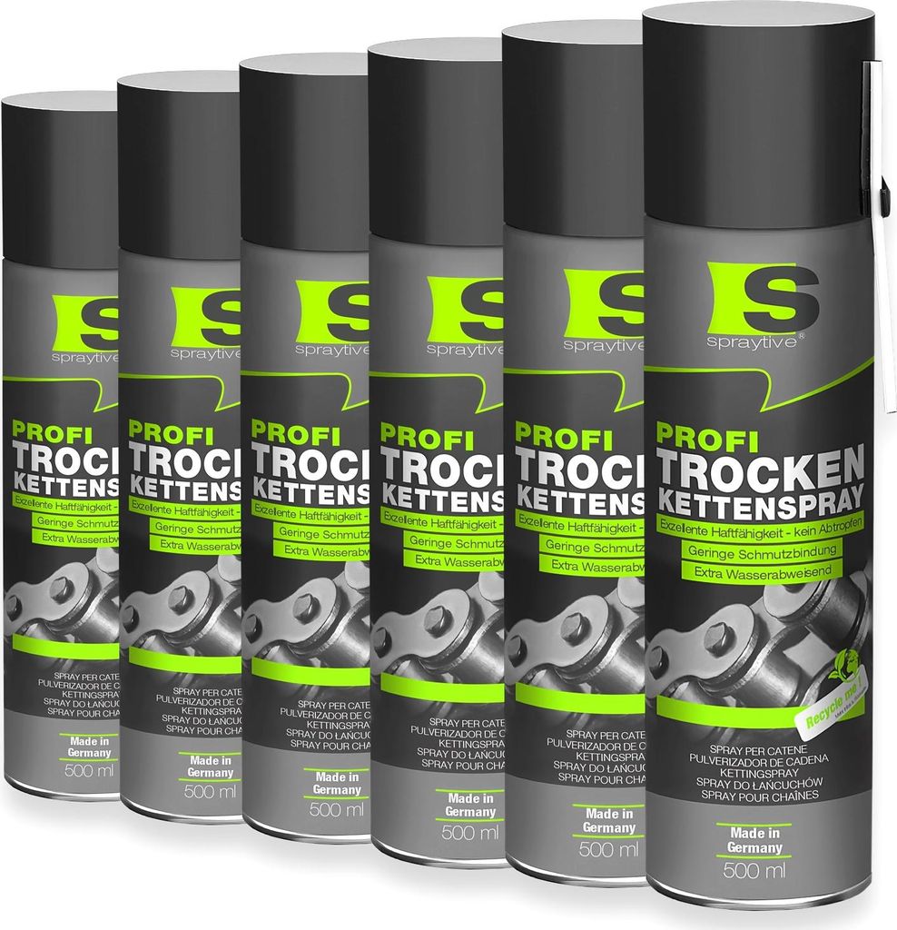 Spraytive 6 x 500ml Profi Trockenkettenspray – Kettenspray mit PTFE, Kettenfett für Fahrrad, Motorrad & Maschinen