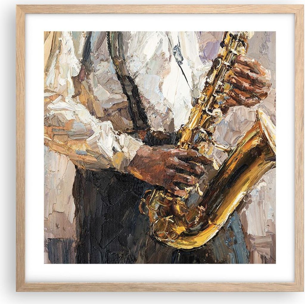 Gerahmtes Poster - Rahmen in heller Eiche - Saxophon Öl Musiker - 50x50 cm - Wand Bild - Wanddeko - Wandbilder - Kunstposter - Wandposter - Bilder...
