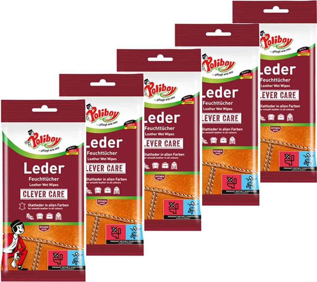Poliboy Reinigungstücher Leder Pflege 5er Set - Inhalt 100 Stück, Reinigung Pflege