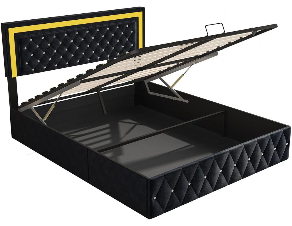 Polsterbett mit Stauraum - Doppelbett 160x200 cm - Hydraulischer Bettkasten - Lattenrost - LED RGB-Beleuchtung - Samt - Schwarz