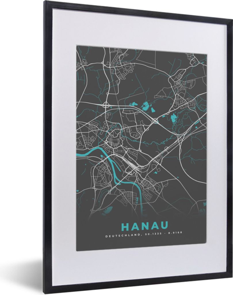 MuchoWow Gerahmtes Poster Hanau - Stadtplan - Blau - Karte - Deutschland 30x40 cm - Poster mit Schwarzem Bilderrahmen Wandposter Rahmen Foto Bild...