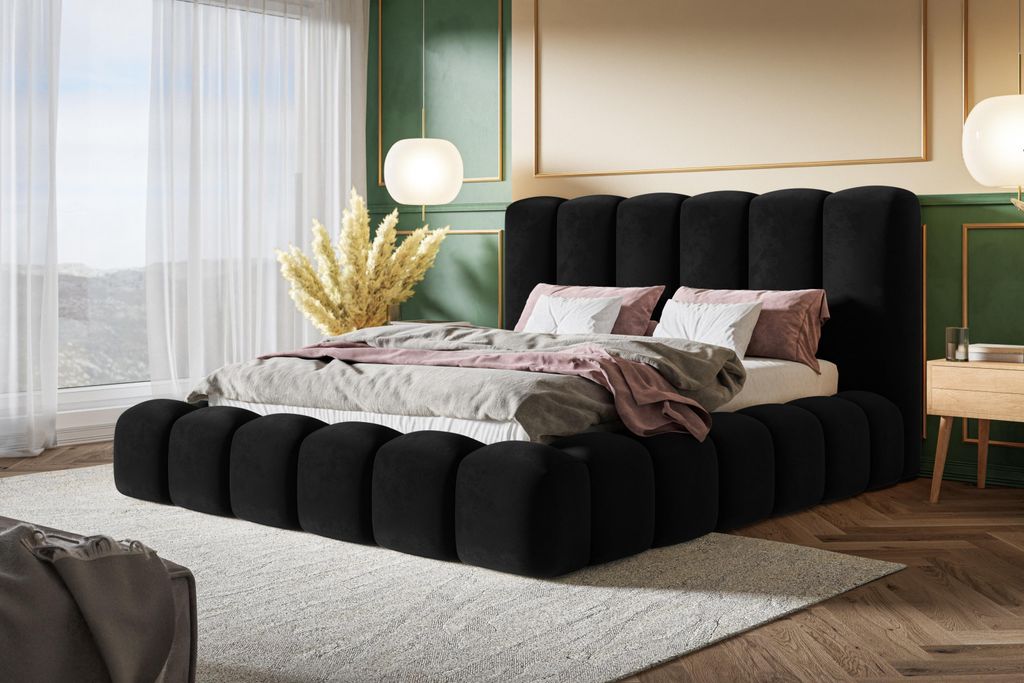 Bett 140x200, Bett mit Lattenrost, Polsterbett mit Bettkasten und Metallrahmen, Eleganter Amor-Velvet-Stoff, Kollektion Nora Maxi, Schwarz