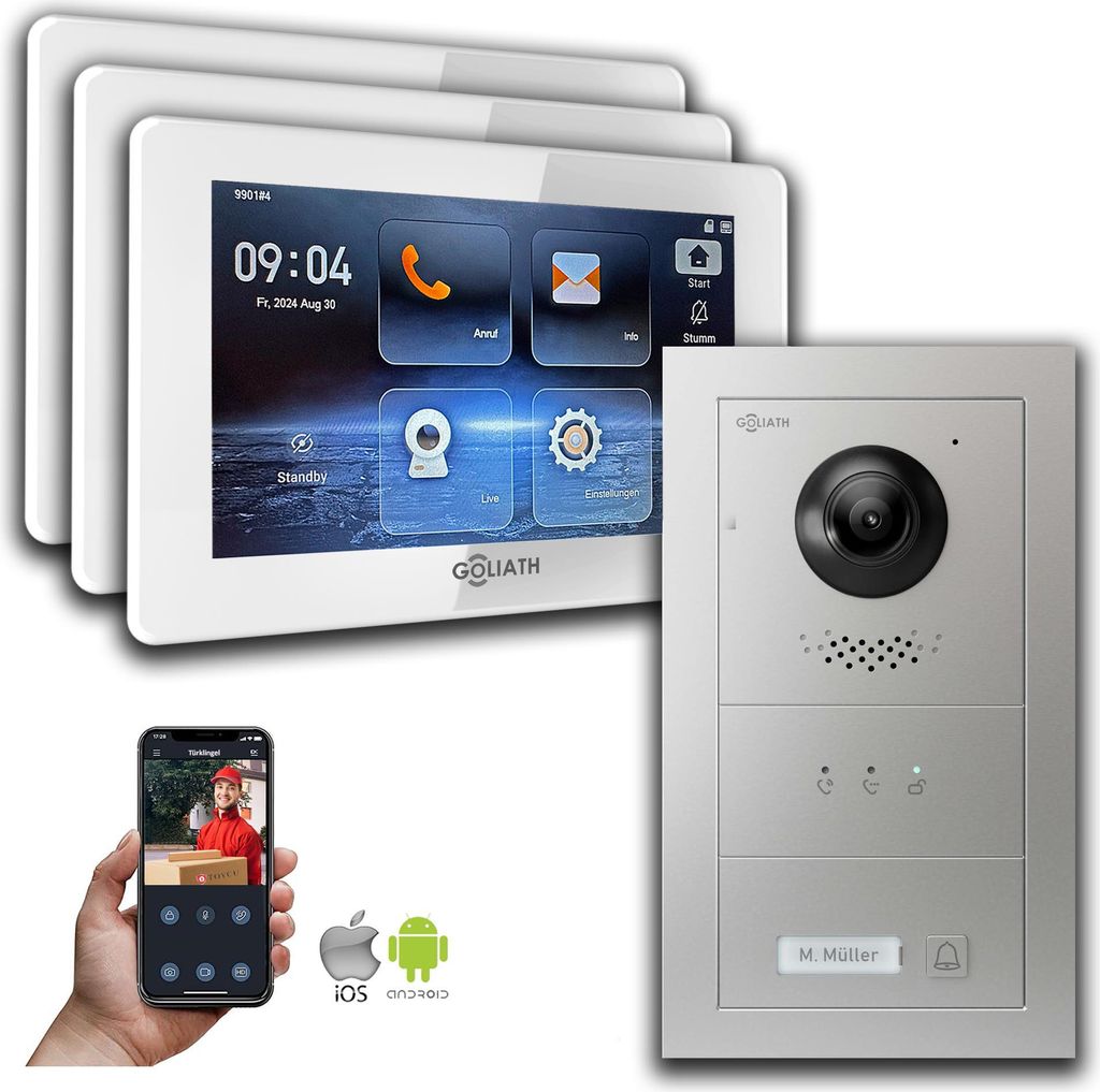 Goliath IP Video Türsprechanlage mit Kamera 7-Zoll Silber : 7 Zoll in Weiß : Unterputzdose : 3 Monitore Anzahl: 3 Monitore Farbe: 7 Zoll in Weiß...