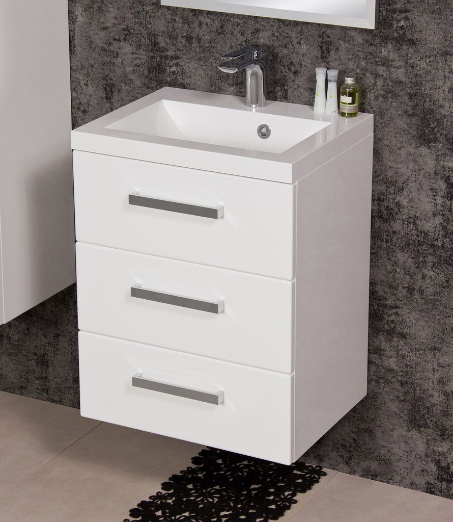 Quentis Badmöbel Genua, Breite 50 cm, weiß glänzend, 3 Schubladen, Waschbeckenunterschrank montiert