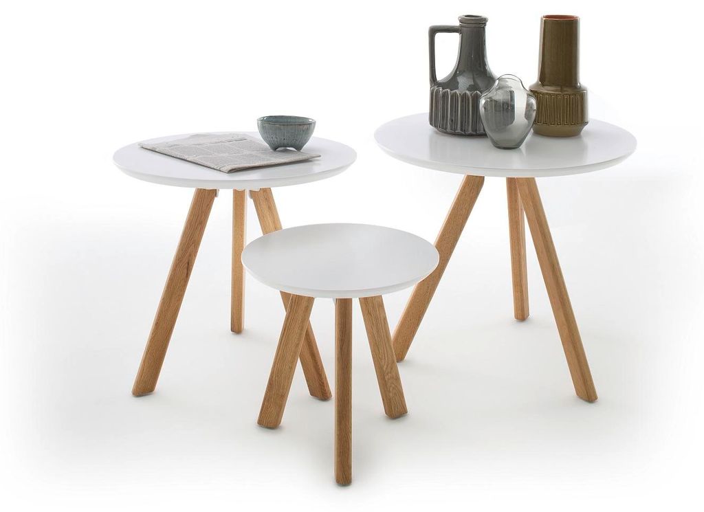 Couchtisch Tisch 3er Set Tische weiß MDF matt lackiert Eiche massiv 50 cm Sinia