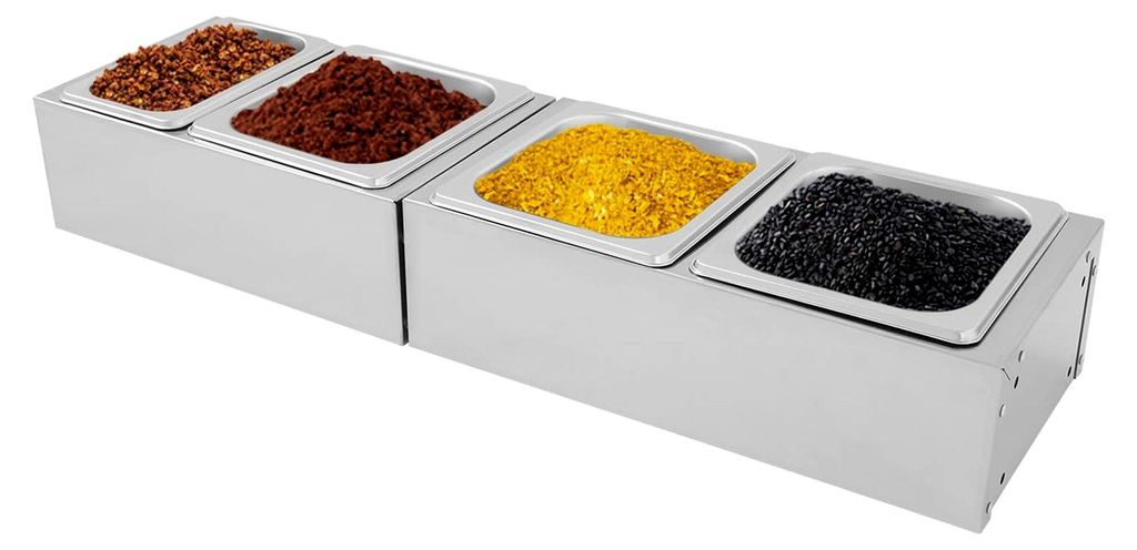 Pizza Zutatenbehälter mit 4 Fächern aus Edelstahl, Behälter mit Deckel für Beilagen, Gewürze, Grill, Küche, Buffet, Salatbar und Pizza Station