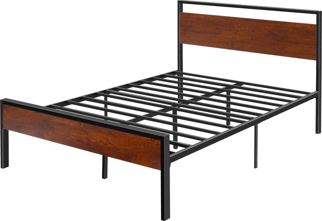 SucceBuy Metall-Bettrahmen in voller Größe mit Kopf- und Fußteil aus braunem Holz im Retro-Design, großzügiger Stauraum unter dem Bett, rutsch...
