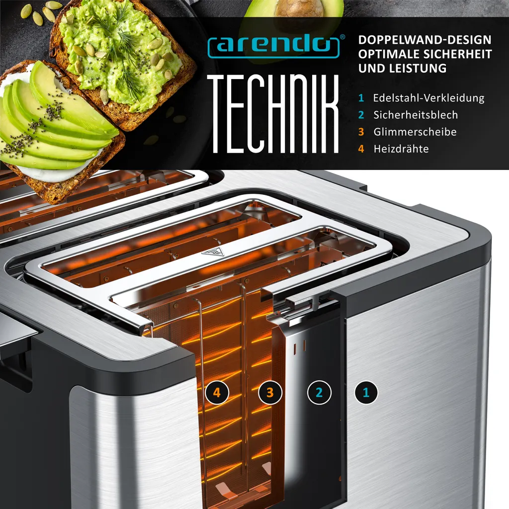 Arendo Tostapane Automatico 1750W Acciaio Inox | Efficienza 4 Fette - 5