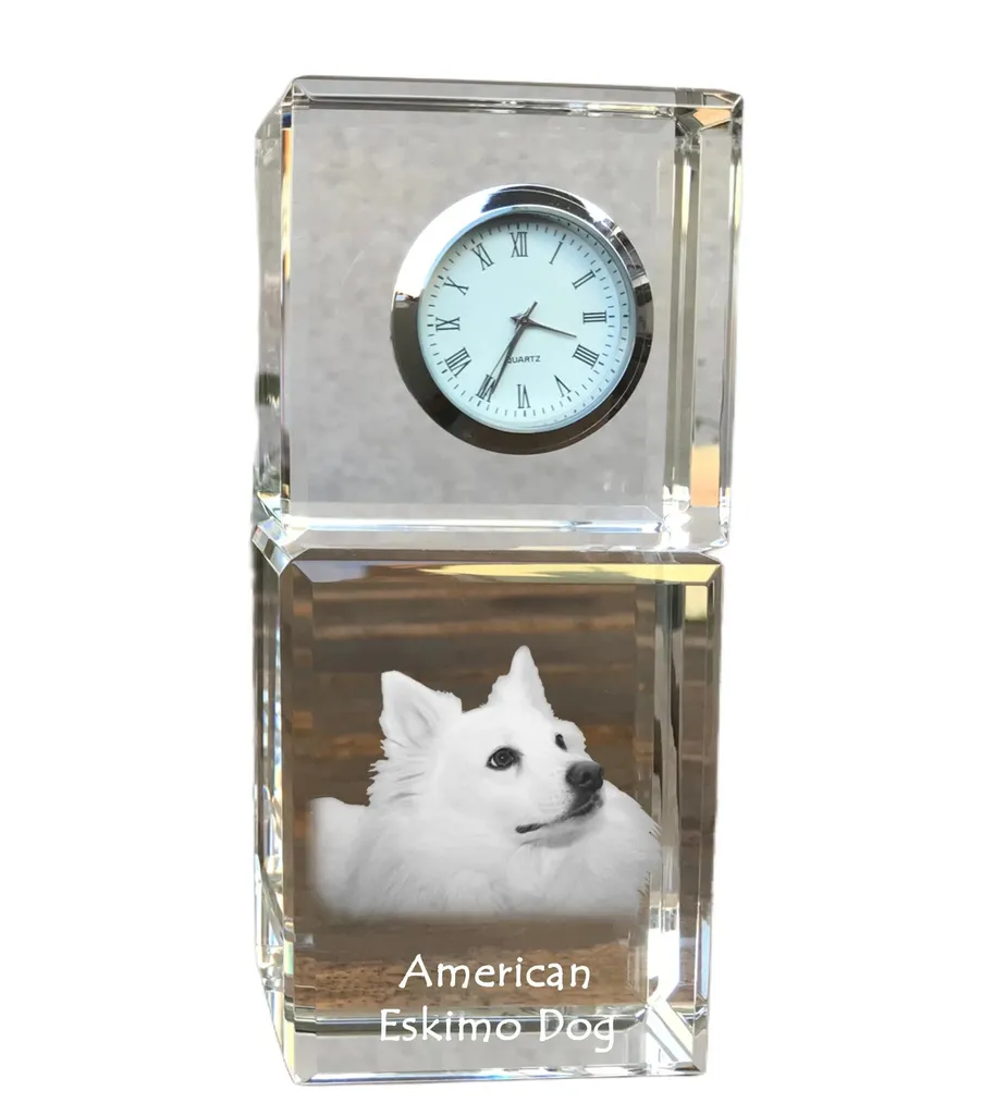 Horloge de table en cristal avec gravure Chien Esquimau Américain