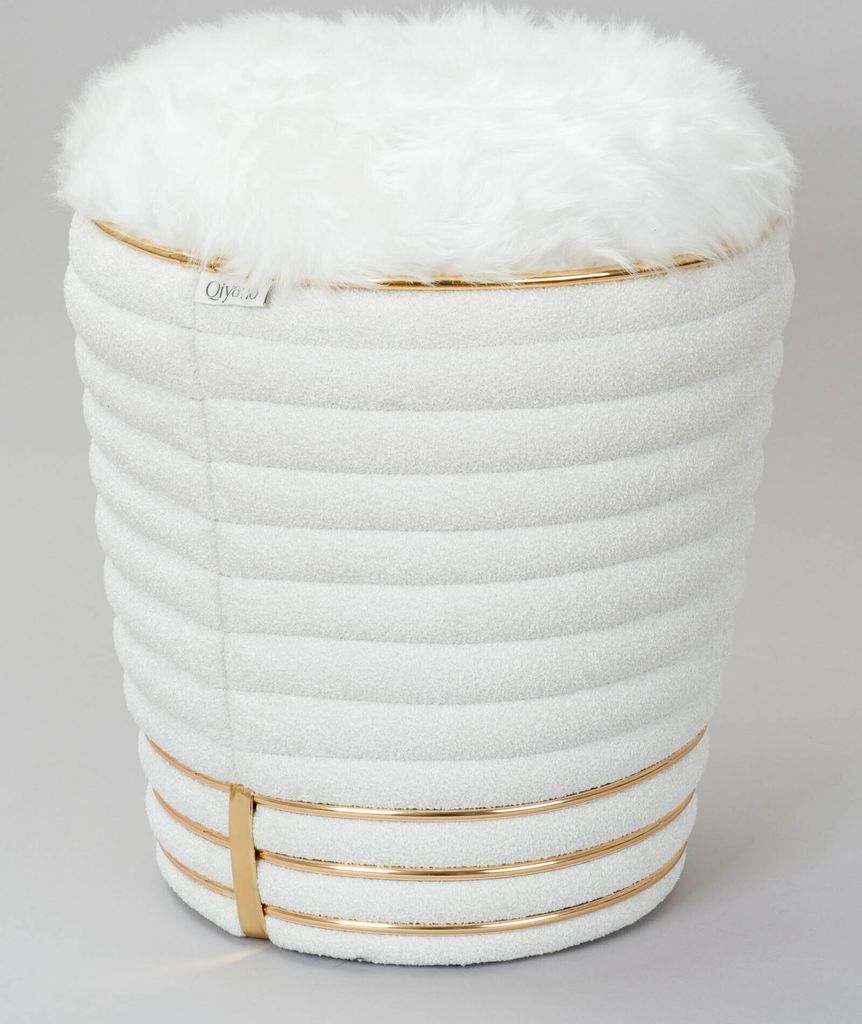 QIYANO Sitzhocker Pouf kuscheliger Teddystoff mit Ziernähten und Fellimitat in Creme Weiß Gold, Höhe ca. 50 cm