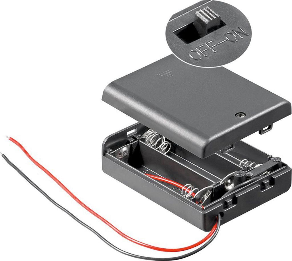 An open battery holder with wires and a close-up of an on/off switch.