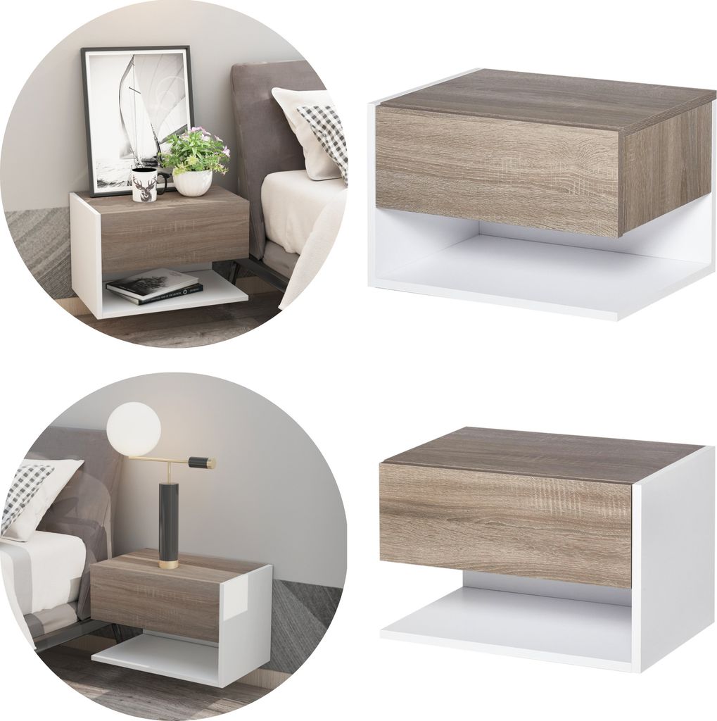 Collage of a modern floating nightstand with a drawer and open shelf, shown in different bedroom settings and as a standalone product.