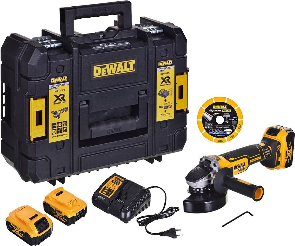 A DeWalt cordless angle grinder kit is displayed on a white background, including the tool, batteries, charger, cutting disc, and storage case.