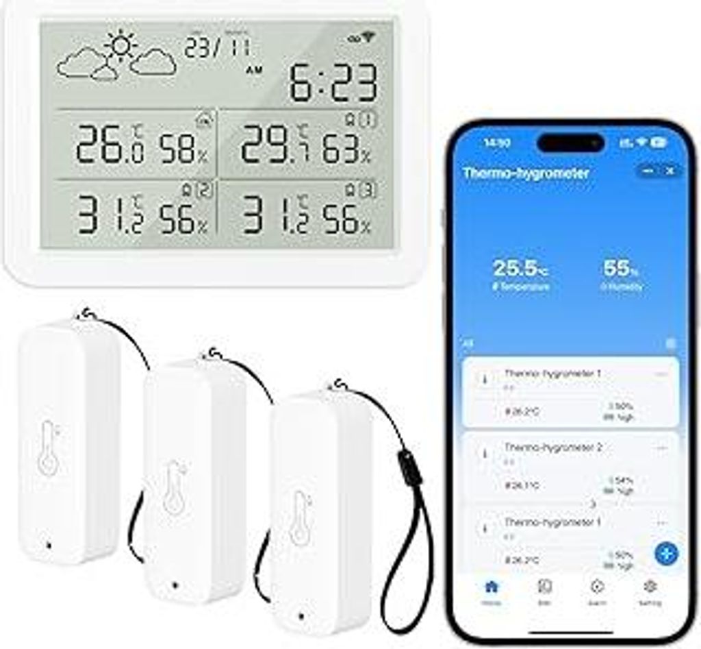 WLAN Thermometer Hygrometer Innen Außen mit LCD-Display, WiFi Temperatursensor mit App, Tuya/Smart Life Kompatibel für Gewächshaus, Weinkeller, ...