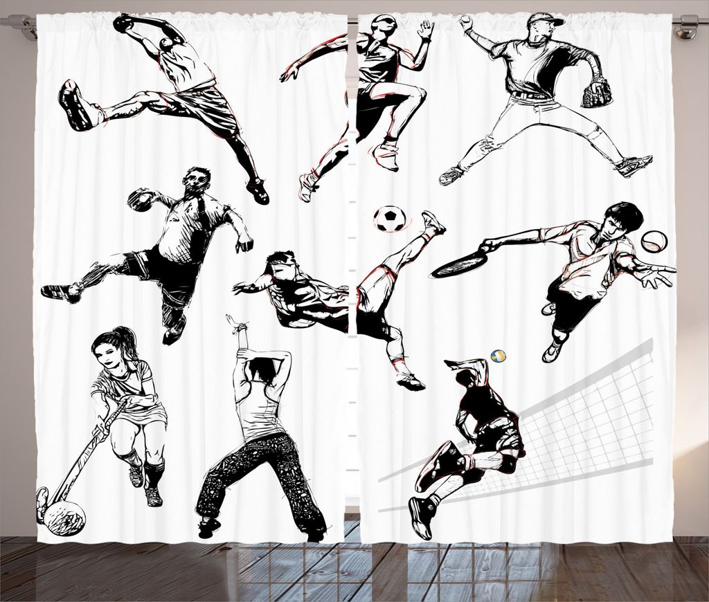 ABAKUHAUS Skizzieren Rustikaler Vorhang, Diverse Sportarten Athleten, Wohnzimmer Universalband Gardinen mit Schlaufen und Haken, 280 x 245 cm, Wei...
