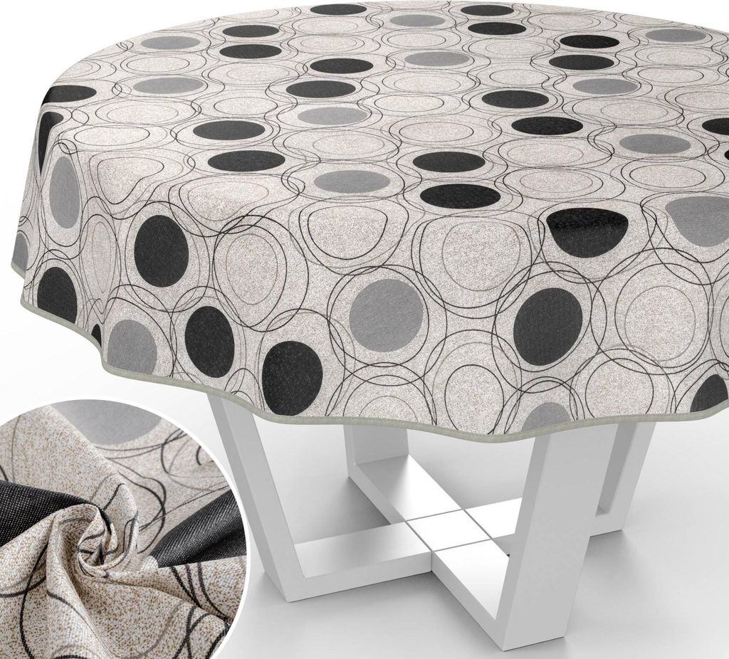 Tischdecke Kreise aus Textil mit klassischem Motiv Tischtuch Tischwäsche schmutzabweisend Abstrakt Beige Rund 100cm mit Paspelband