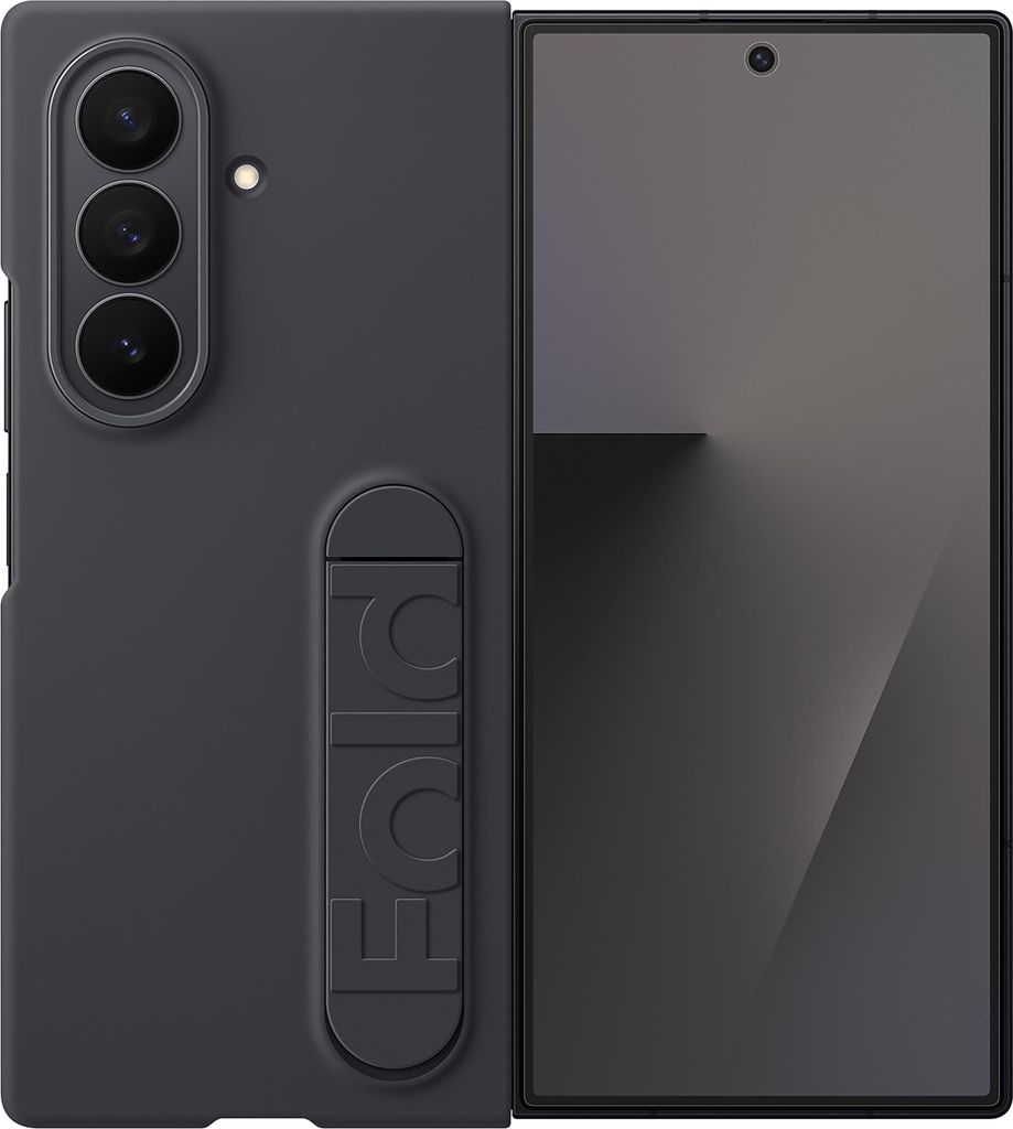A dark gray Samsung Galaxy Z Fold 7 phone case with a stand is shown open, with the phone inside. The case has the word "FOLD" embossed on the back.