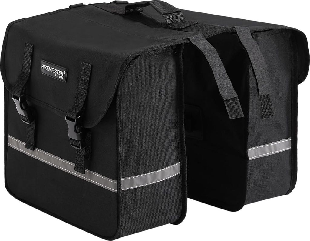 Doppelte Fahrradtasche für Gepäckträger - 27 Liter, Wasserdicht, Geeignet für E-Bikes, Schwarz, Reflektierende Streifen
