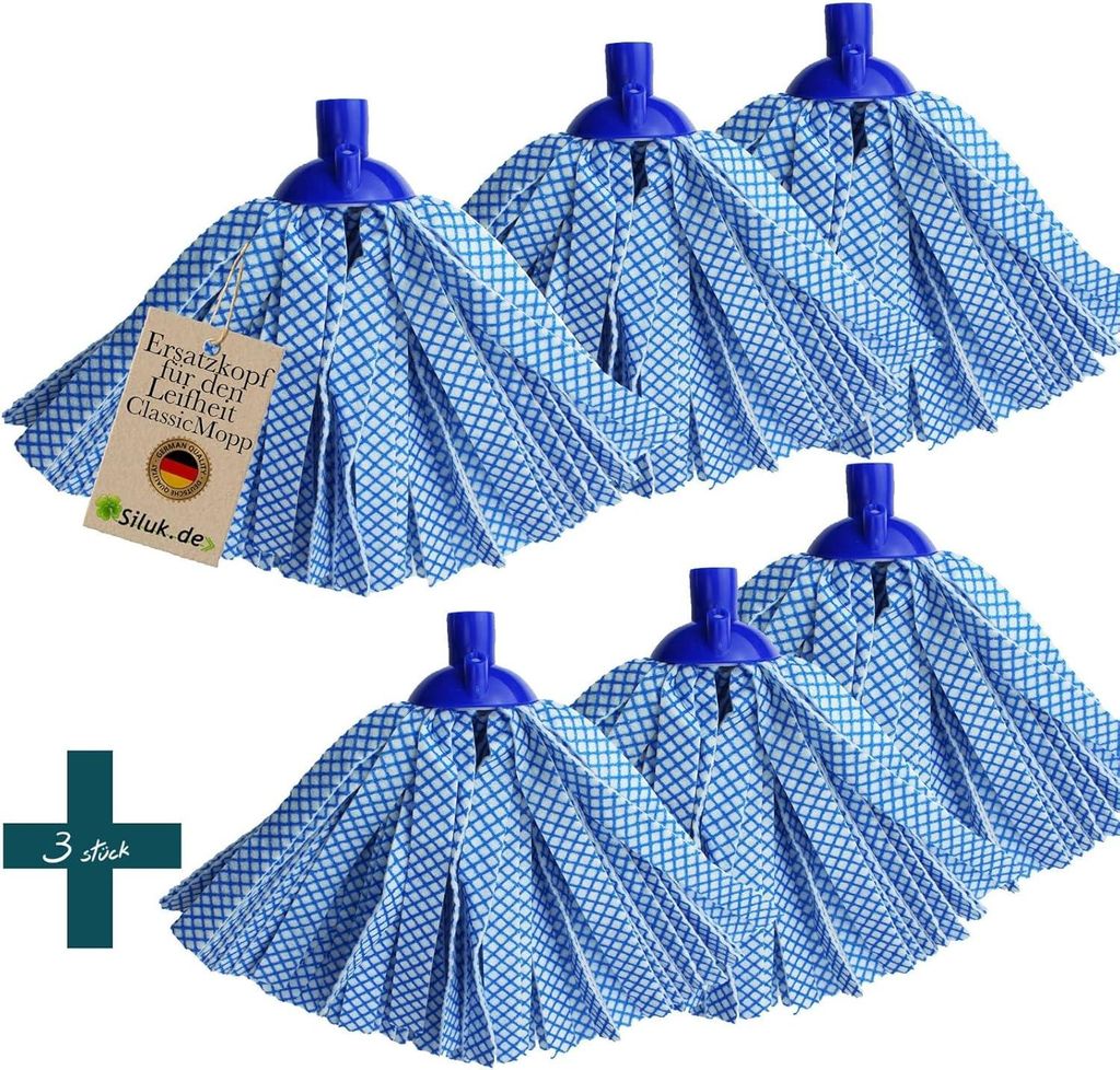A collage of mop heads, with a tag and a quantity indicator.