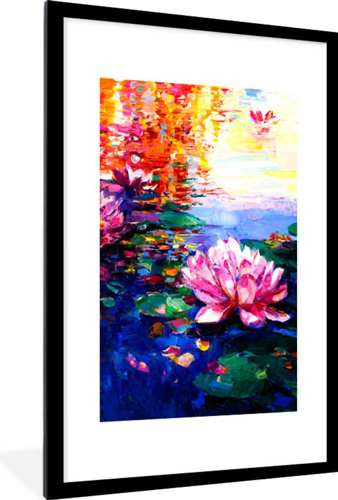MuchoWow Gerahmtes Poster Gemälde - Öl - Seerose - Wasser 60x90 cm - Poster mit Schwarzem Bilderrahmen Wandposter Rahmen Foto Bilder - Dekorati...