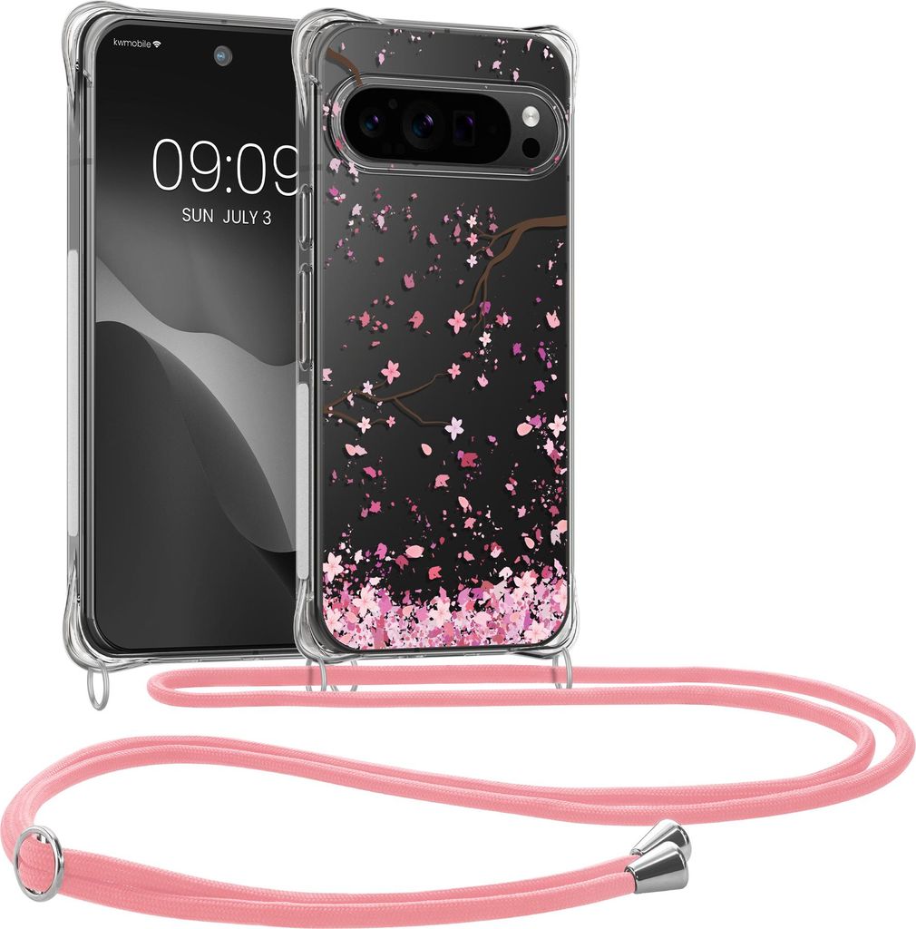 kwmobile Necklace Case kompatibel mit Google Pixel 10 Hülle - Silikon Cover mit Handykette - Rosa Dunkelbraun Transparent Kirschblütenblätter
