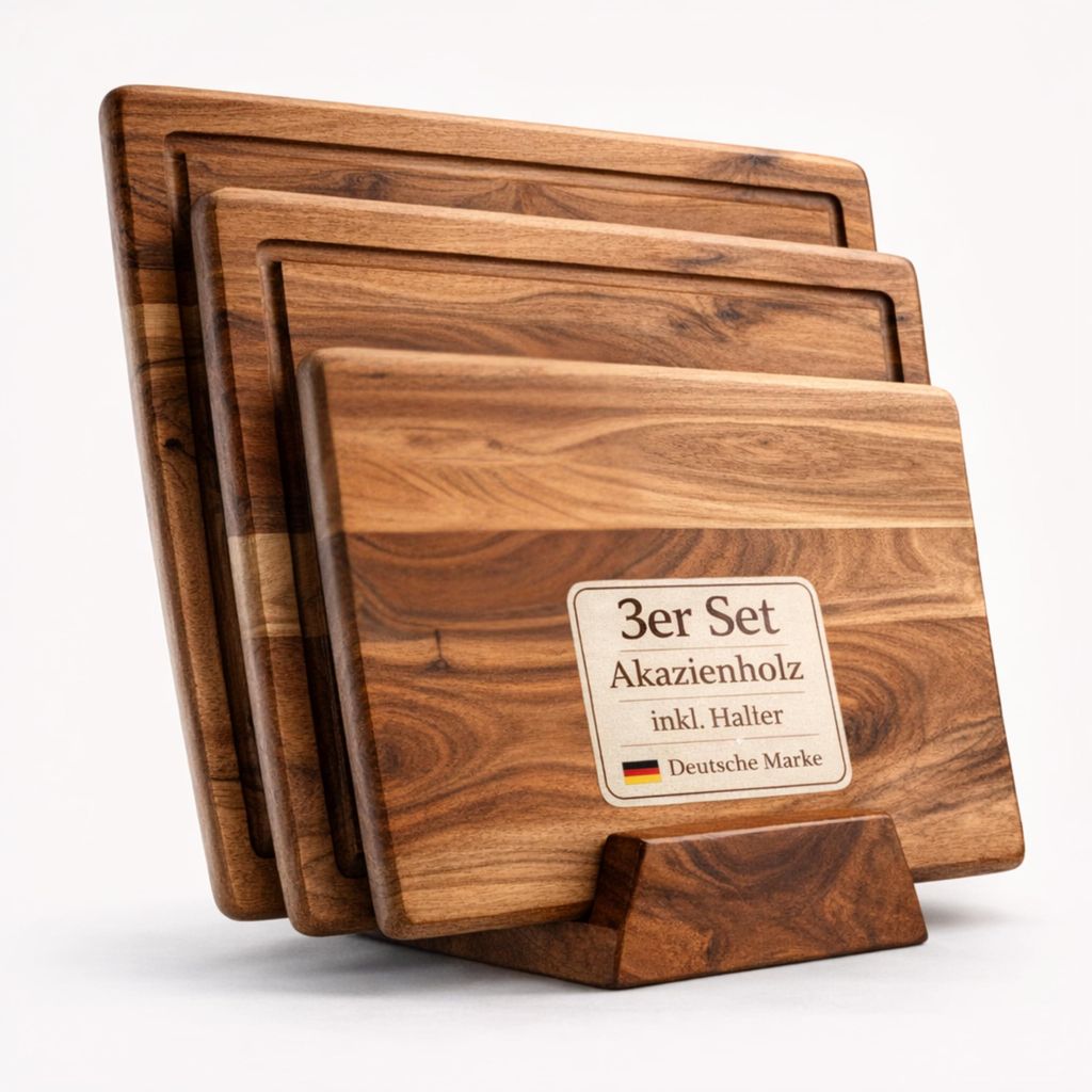 Schneidebrett-Set (3-teilig) aus Akazienholz (40x33 / 35x28 / 28x20 cm) – Küchenschneidebretter mit Ständer, Saftrille und rutschfesten Füßen...