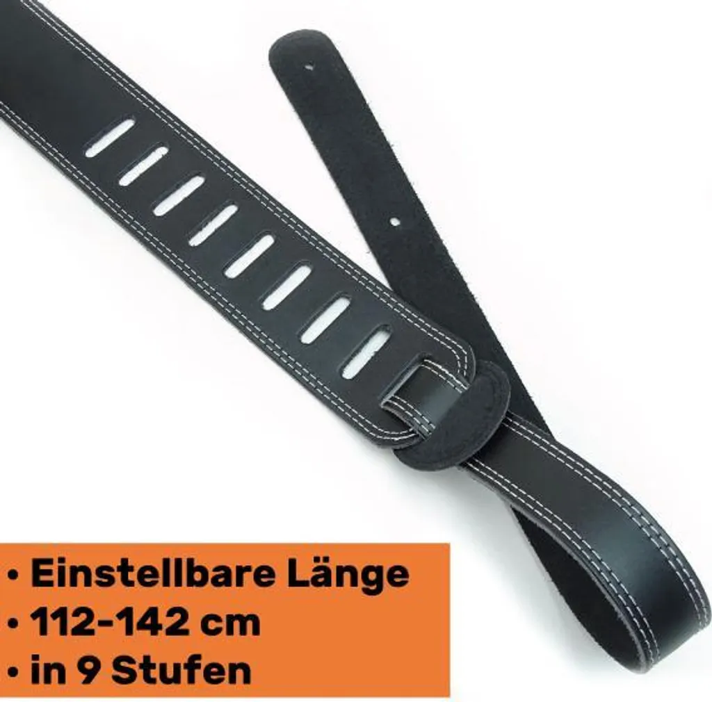 Sangle de guitare cuir véritable avec double couture keepdrum noire - 4