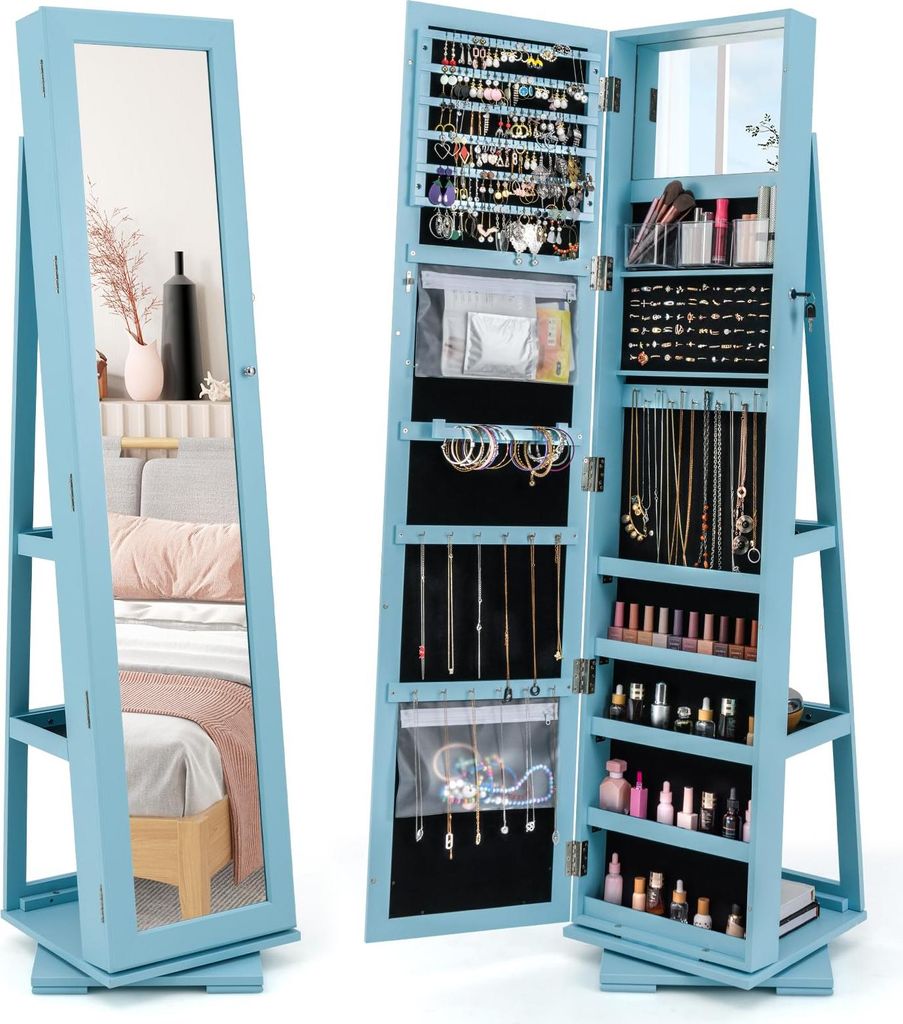 GOPLUS 3 in 1 Schmuckschrank mit spiegel, Spiegelschrank stehend, 360°drehbar, abschließbar, Schmuck Organizer mit Stauraum & Ablagefächern (Blau)