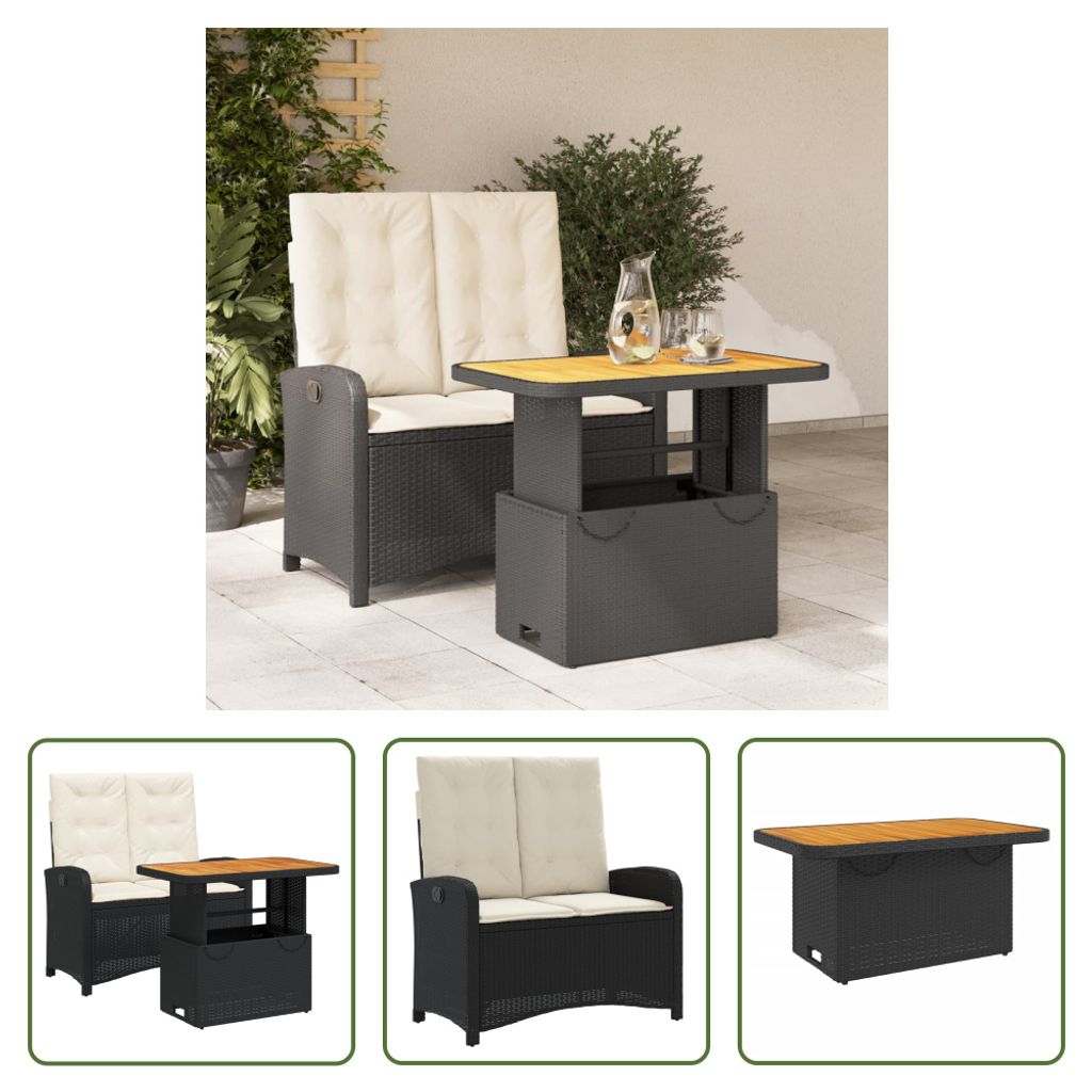 The Living Store 2-tlg. Garten-Essgruppe mit Kissen Schwarz Poly Rattan