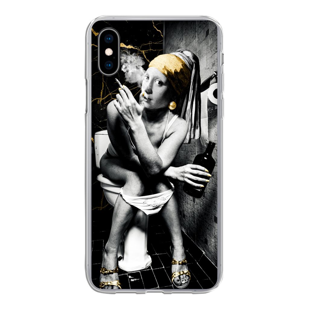 MuchoWow Handyhülle Schutzhülle Hülle für iPhone Xs Marmoroptik - Mädchen mit Perlenohrring - Zigaretten - Toilette - Gold - Kunst - Alte Me...