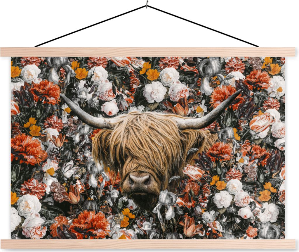 MuchoWow Textilposter Schottisches Hochlandrind - Blumen - Schwarz - Weiß 120x80 cm mit holzfarbenen Rahmen - Aufhängeset