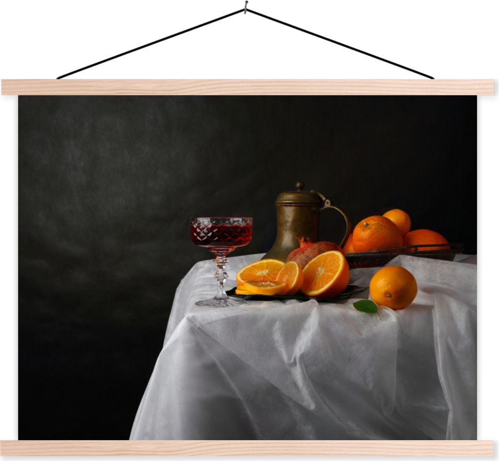 MuchoWow Textilposter Stilleben - Mandarinen - Wein 120x90 cm mit holzfarbenen Rahmen - Magnetisch