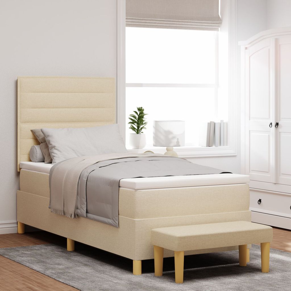 Möbel Boxspringbett mit Matratze & Bank Creme 90x190 cm Stoff - Klassische Betten 3344189