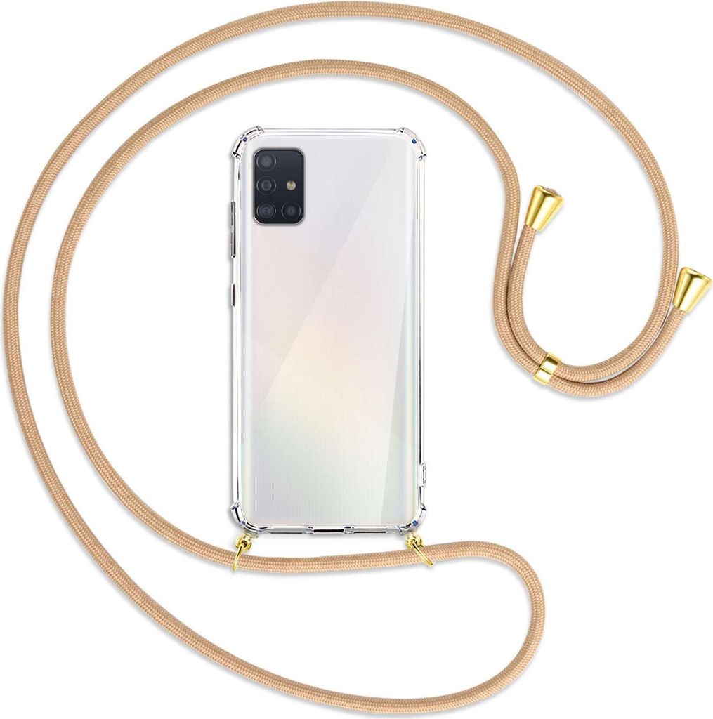 Handykette Backcover-Schutzhülle mit Band (Metall goldfarben) für Samsung Galaxy A51 (A515) - beige